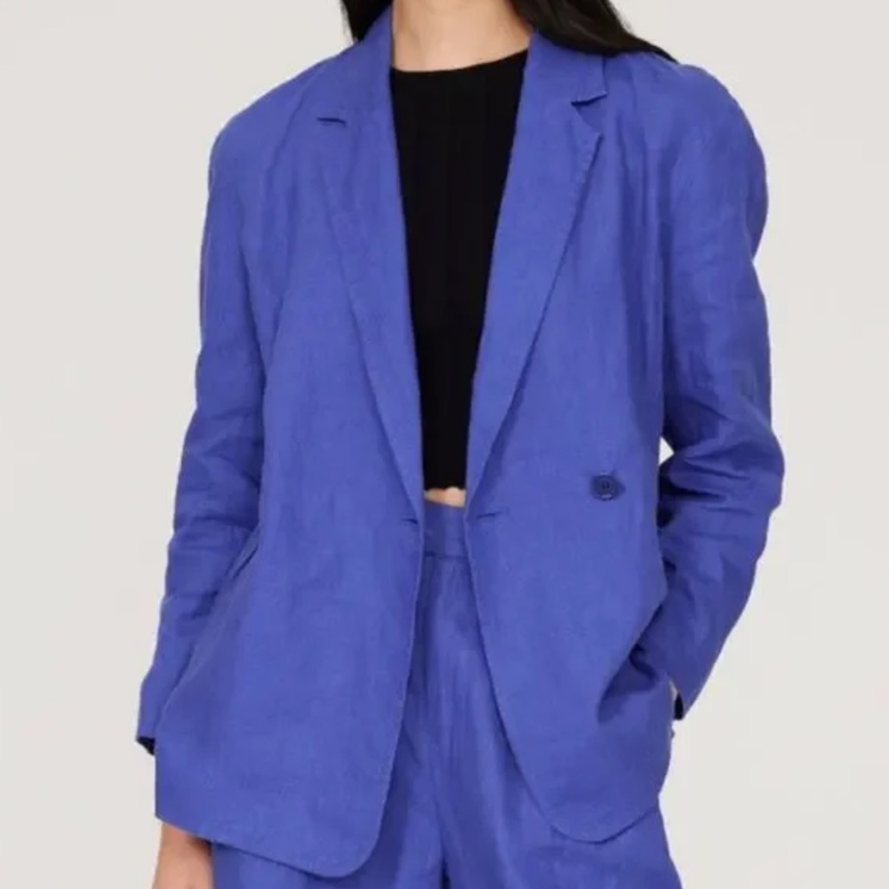 Madewell Linen Double Breasted Blue Crossover Blazer - Picture 3 of 11